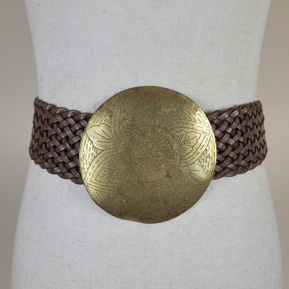 Brown Leather Belt Large Medallion Buckle Floral Etched Boho Boho Artisan Hippie